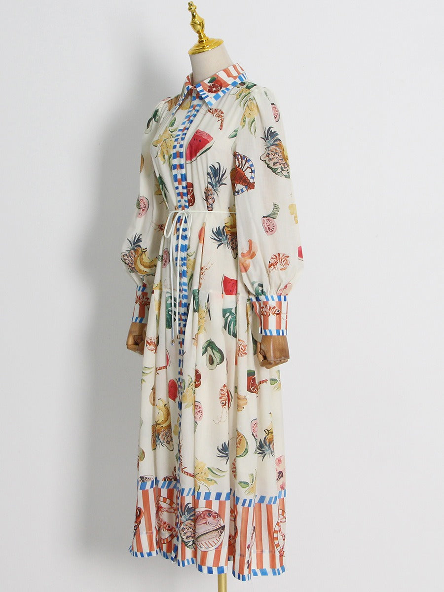 FRUIT PRINTED LONG DRESS FLIP NECK LAMP SLEEVE TIE UP DRESS