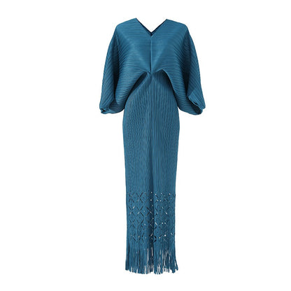 OFF high quality solid designer v-neck office work ladies maxi dresses for women new in zevity batwing sleeve elegant party robe