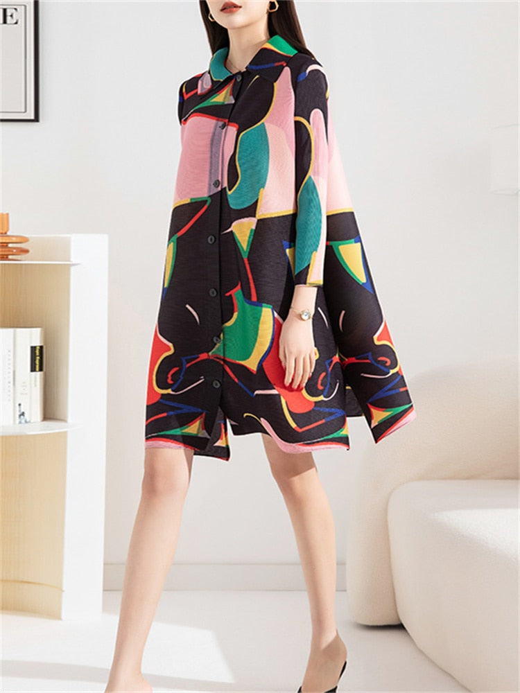 Miyake Pleated Printed Midi Dress for Women 2023 Spring Autumn New Polo Collar Single-Breasted Loose Plus Size Mid-Length Dress