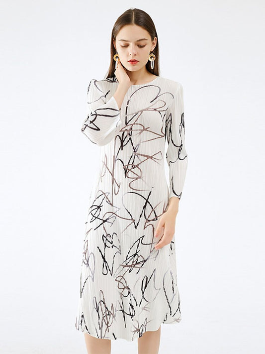Print Fashion Pleated Elegant Lady Medium Long Round Collar Niche Design New Summer Loose A Line Casual 15KB2482