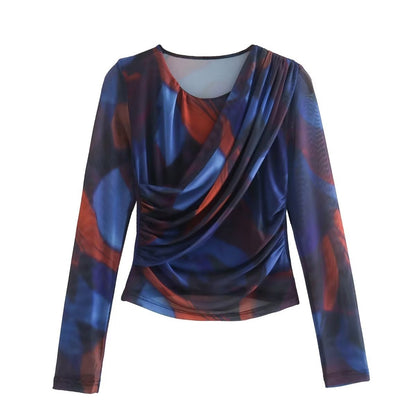 New Women's Wear European and American Style Round Neck Silk Screen Printed Long Sleeved Top+High Waisted Skirt Set