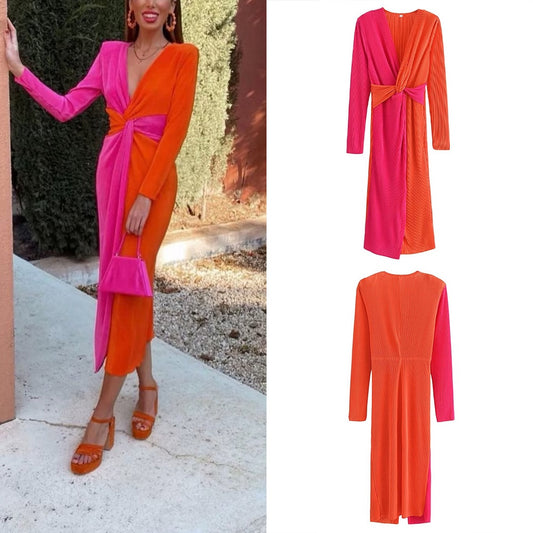 PB&ZA summer new women's fashion temperament V-neck chic slim knot decorated colour blocking pleated dress