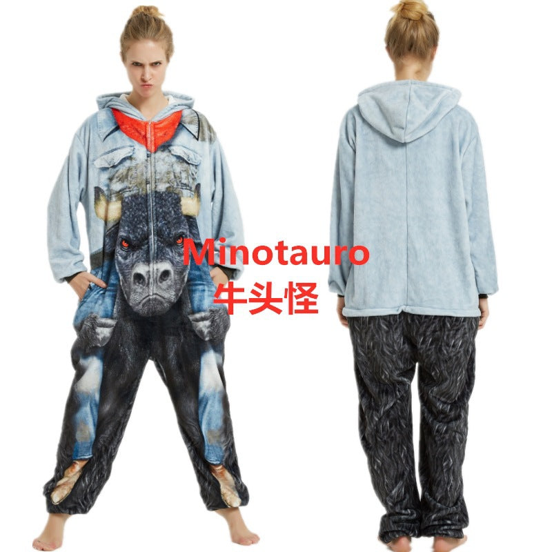 Flannel Cute Cartoon Animation Animal Pajamas Minotaur Elk Husky One-Piece Pajamas For Men And Women
