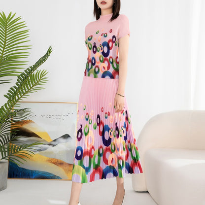 Printed pleated suit for women's pullover, elastic short sleeved top, elastic waist, loose draped half skirt