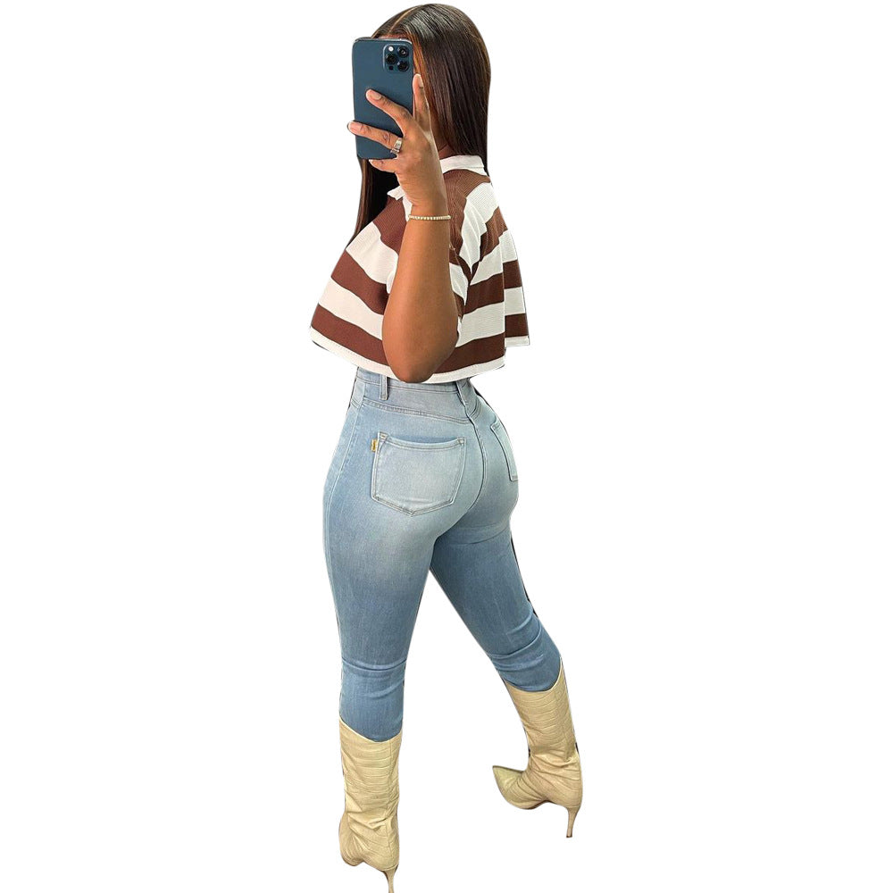 Women's Summer New Sunken Stripe Short-sleeved Top Fashion Positioning Striped Drop-shoulder Sleeve Loose T-shirt