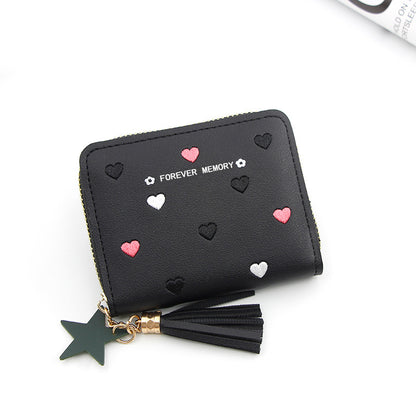 Embroidered Love Korean Women's Wallet Short Clutch Little Girl Coin Purse Women's Zipper Bag Card Holder Card Case