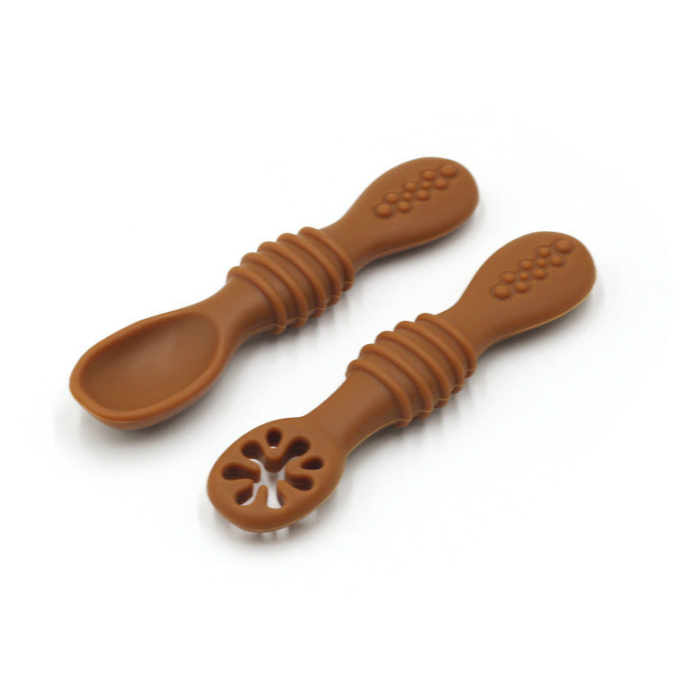 Baby Eating Training Set Toddler Feeding Silicone Sticky Spoon Fork