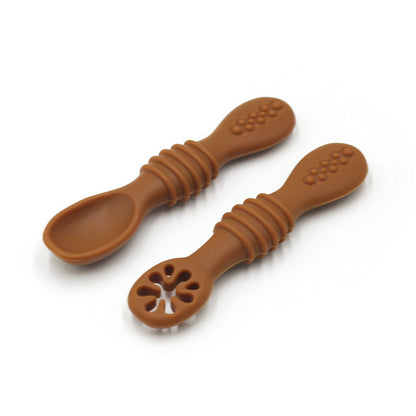 Baby Eating Training Set Toddler Feeding Silicone Sticky Spoon Fork