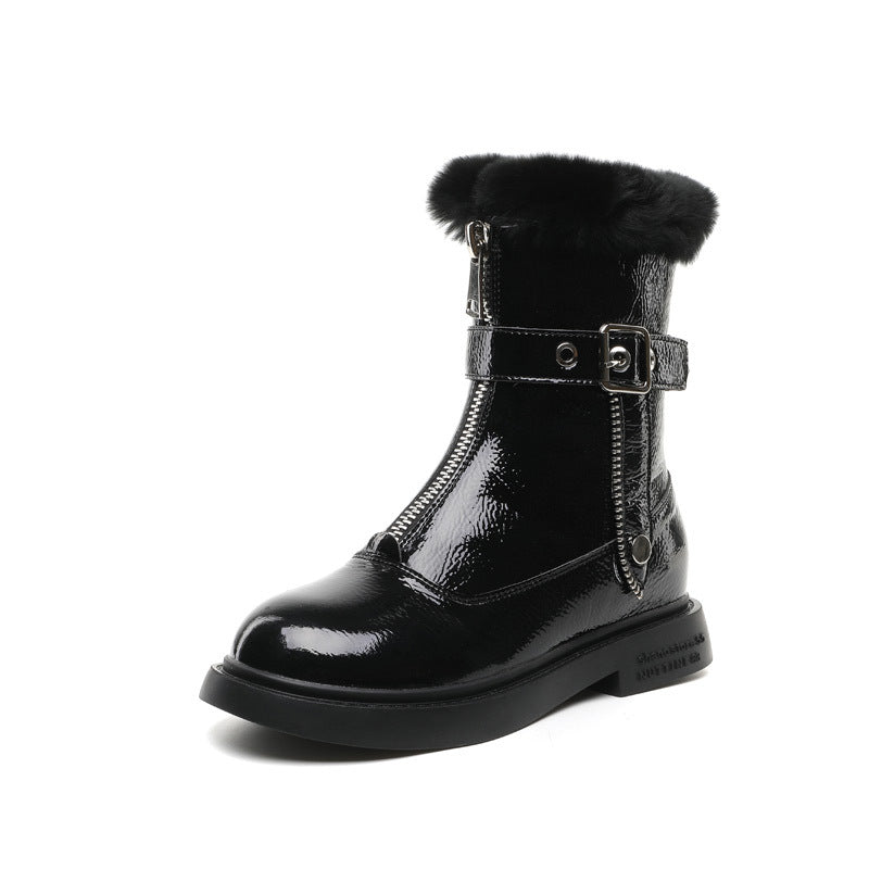 Shiny rabbit fur snow boots