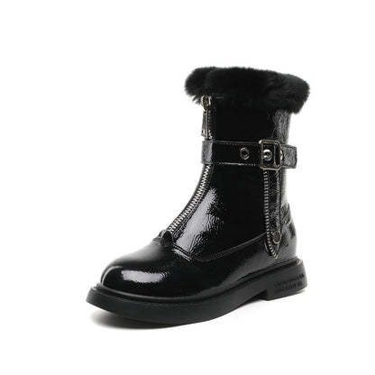 Shiny rabbit fur snow boots