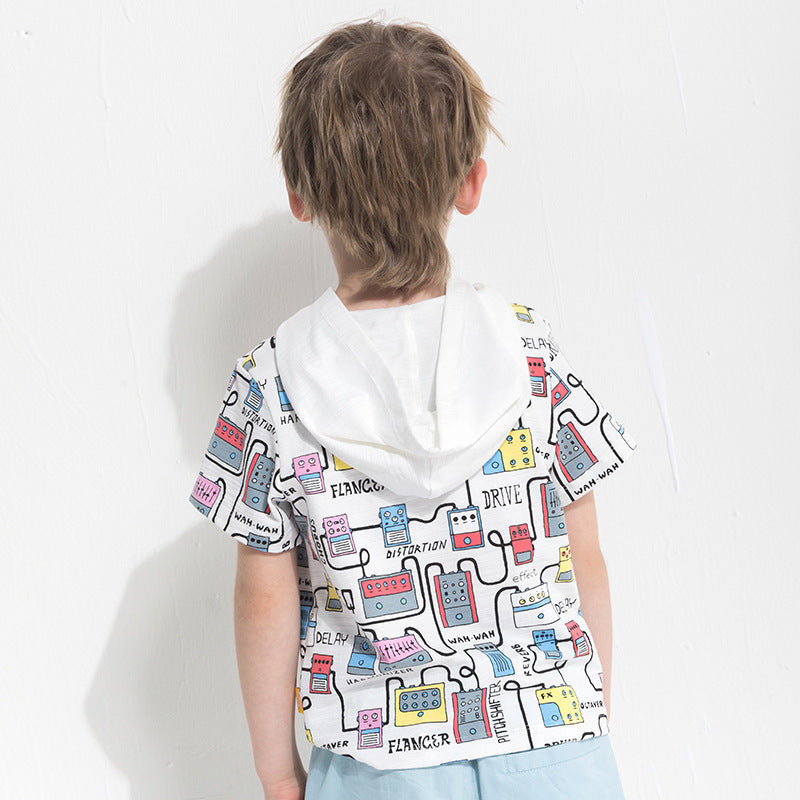 Cartoon print boy's hooded short sleeve t-shirt