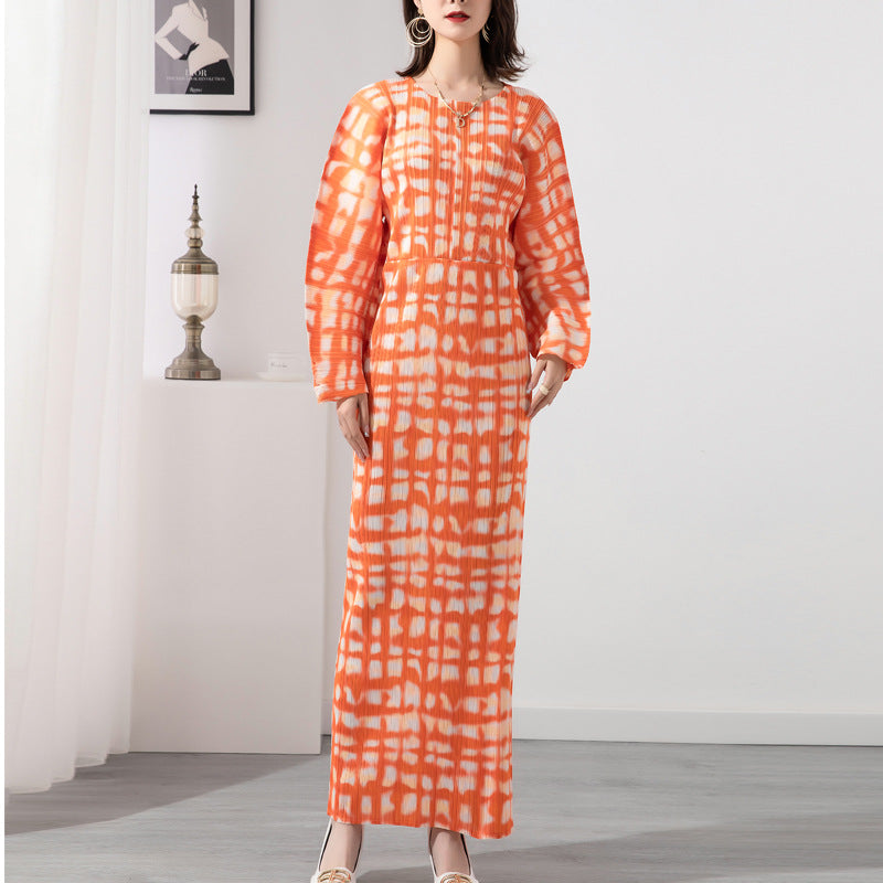 Long Dress For Women Printed Round Neck Pleated Dresses Female Trendy Festival Clothing