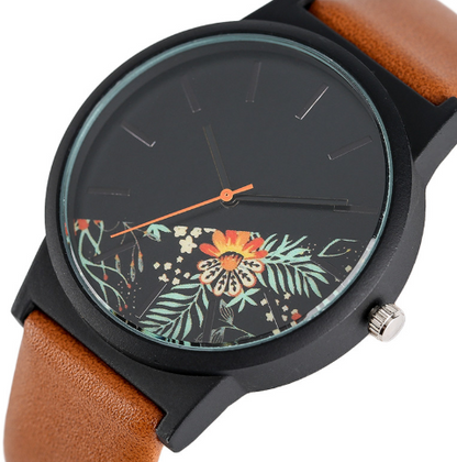 New half flower cut strap ladies watch Literary print quartz watch