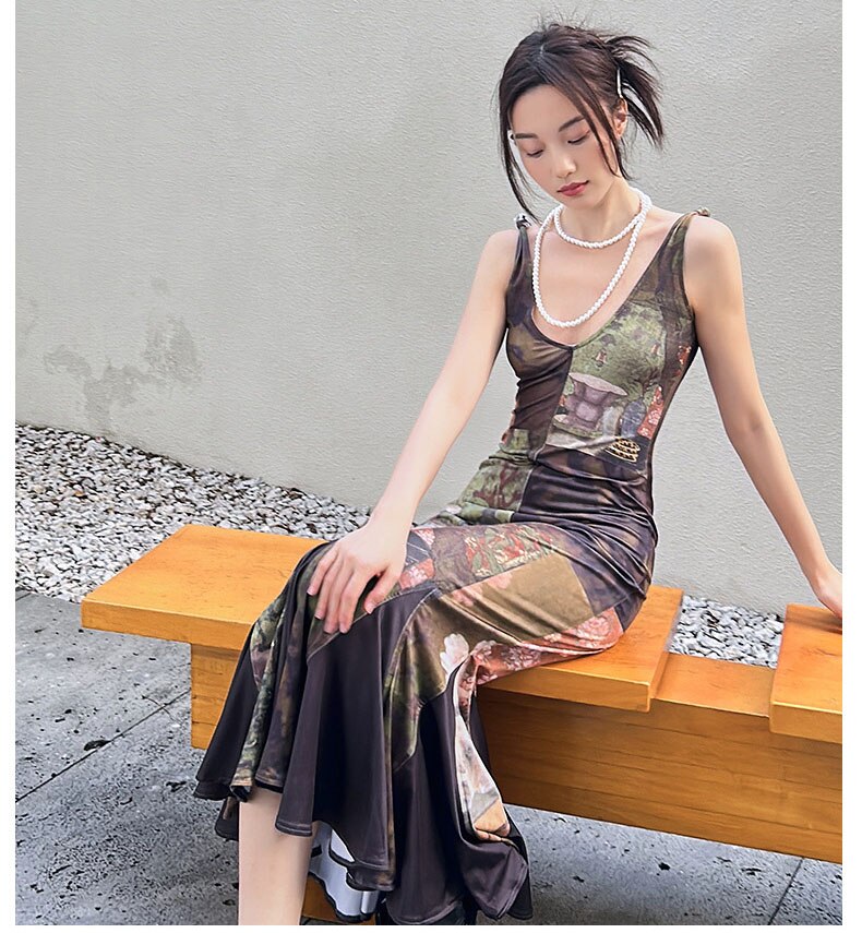 OFF designer aesthetic vintage print mermaid dresses for women summer slim bodycon tank lady dress holiday beach party vestidos