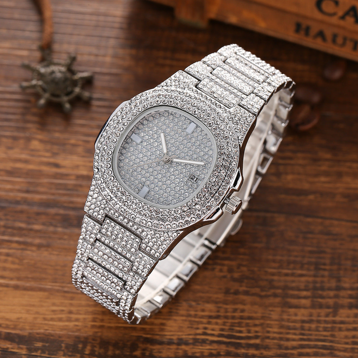 Hip Hop Full Rhinestone Diamond Steel Band Quartz Watch Necklace Bracelet