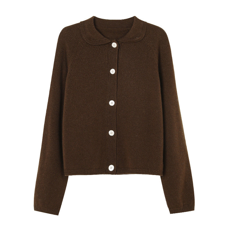 White Lapel Knitted Cardigan Loose Solid Color