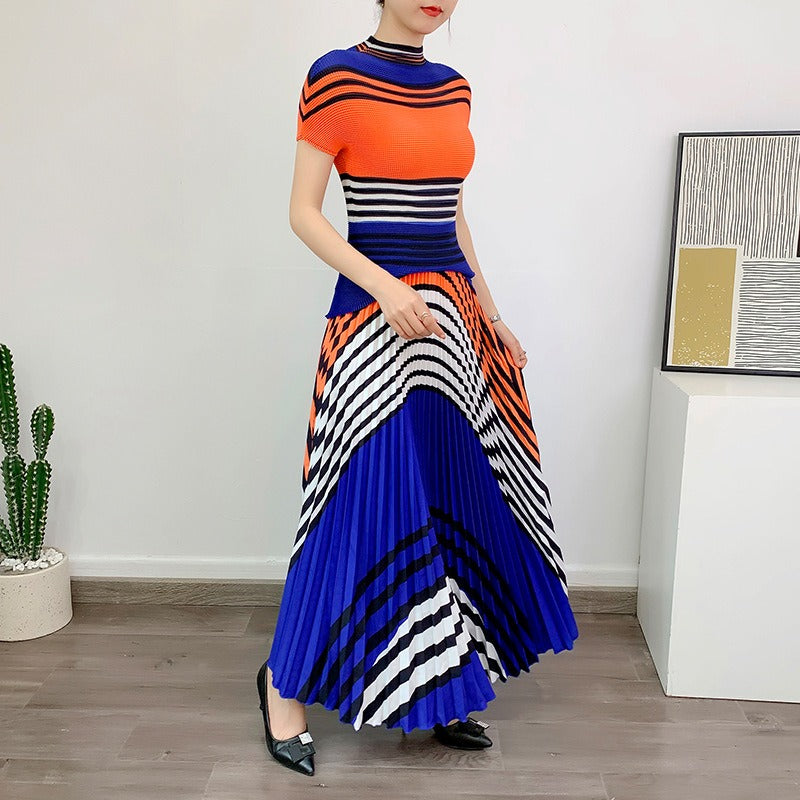Set Summer New Print Short Sleeve Corn Kernel Pleated Long Skirt Temperament Pleated Two-Piece Set Women