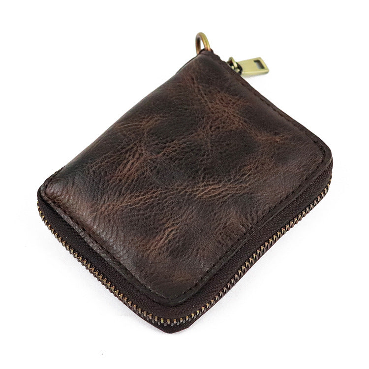 Zipper folding compact vegetable tanned leather wallet