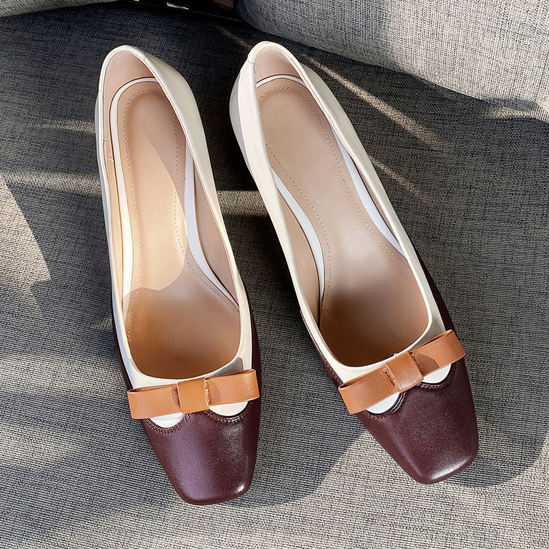 Colorblock square toe chunky heel leather shoes