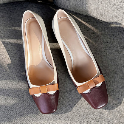 Colorblock square toe chunky heel leather shoes