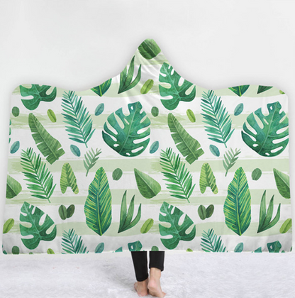 Hooded Thermal Fleece Blanket Coral Fleece Print Winter Warm Home Travel Portable Wearable Thick Hoodie Blanket For Adults Kids