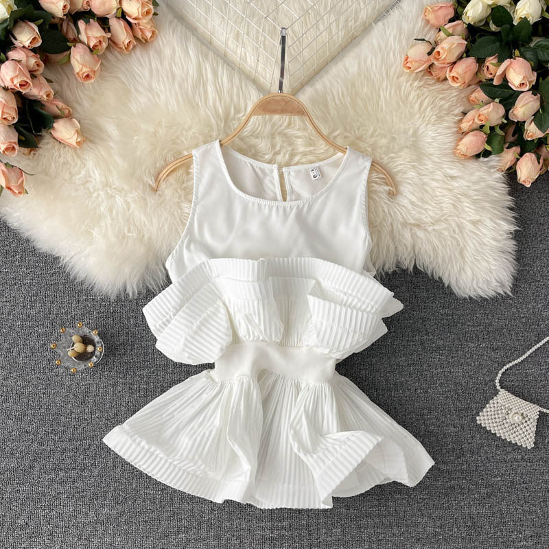Design Sense Of Niche Three-dimensional Pleated Ruffled Waist, Slimmer Sleeveless Chiffon Shirt