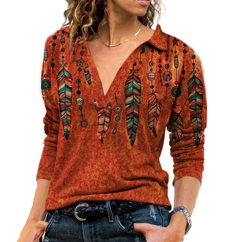 Ladies Retro Print V Neck Long Sleeves