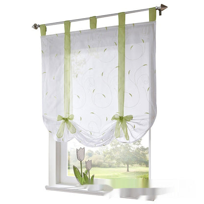 Embroidered Pastoral Adjustable Curtain Rod Ribbon Roman Window Screen
