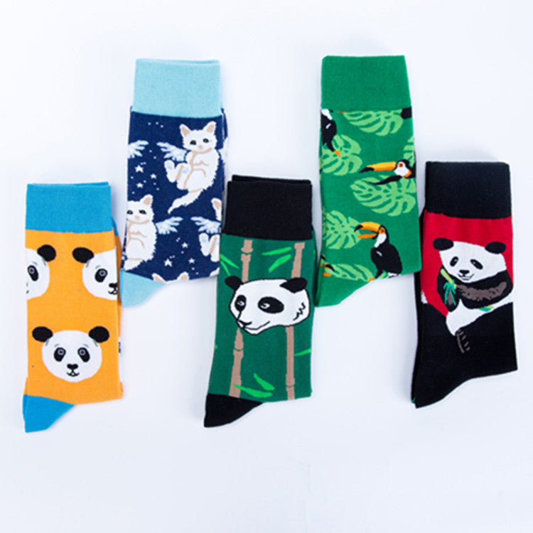 Happy tide socks, pandas, flowers and birds, colorful, high tube, casual cotton socks