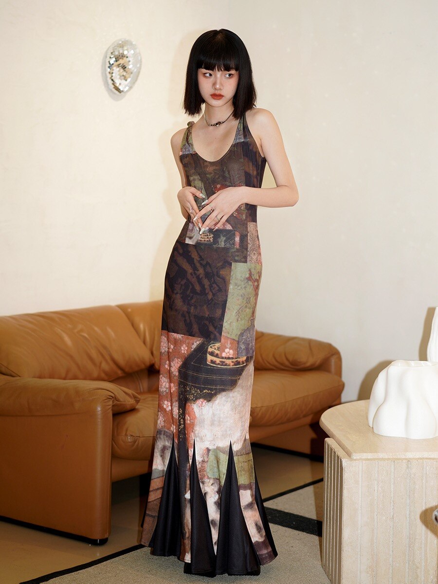OFF designer aesthetic vintage print mermaid dresses for women summer slim bodycon tank lady dress holiday beach party vestidos