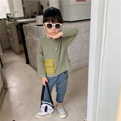 New Korean Version Of Children's Bottoming Shirt, Small And Medium-Sized Children's Big Pocket Round Neck Pullover Top