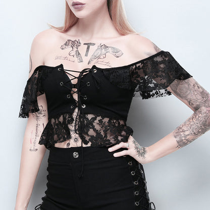 Cut Out Lace Open Waist One Shoulder Top