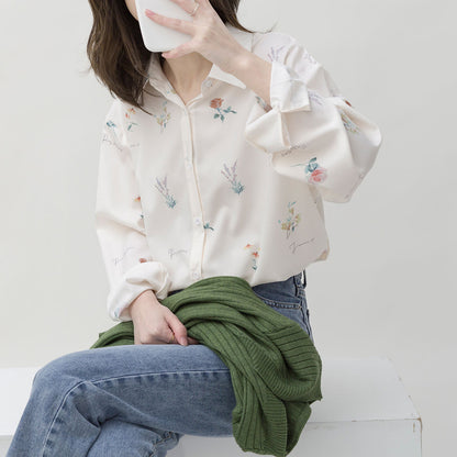 Autumn New Style Korean Style Simple Lapel Printed Temperament Chiffon Long-Sleeved Shirt