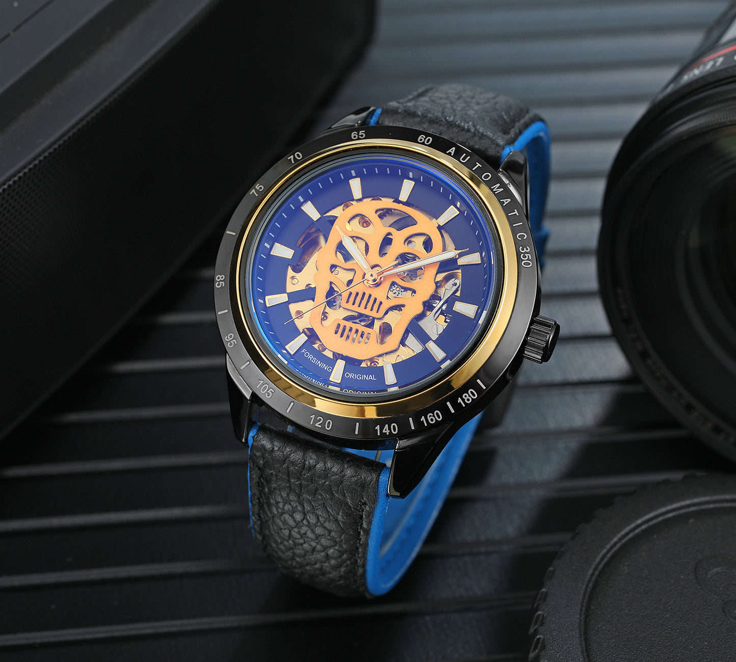 Casual Skull Watch Punk Trend Glass Back Blue Light Hollow Automatic Mechanical Watch