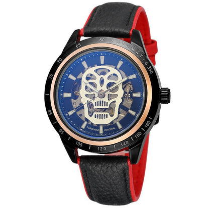 Casual Skull Watch Punk Trend Glass Back Blue Light Hollow Automatic Mechanical Watch