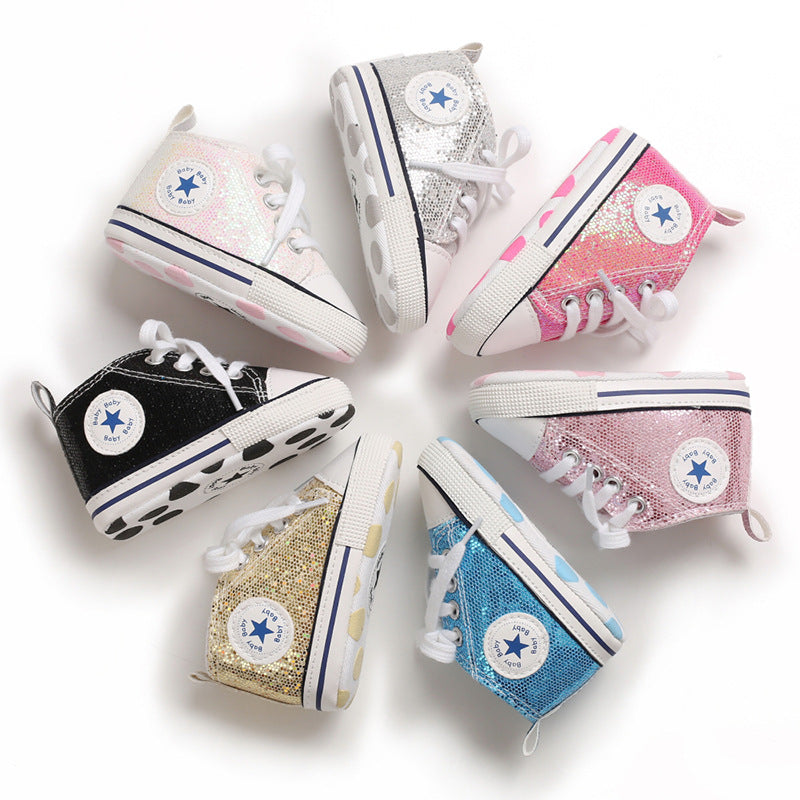 Baby Toddler Shoes Soft Sole Sequined  aby Shoes Lace Up All-Match Casual Shoes