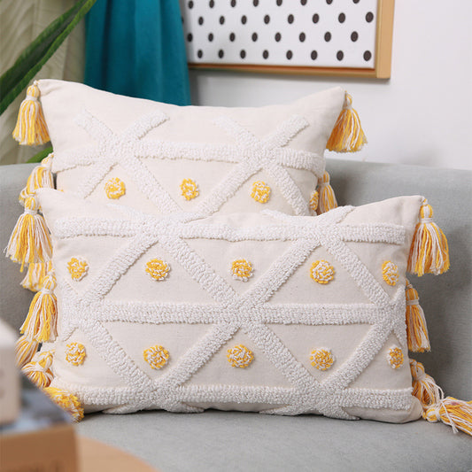 Hand-Embroidered Tufted Geometric Tassel Pillowcase