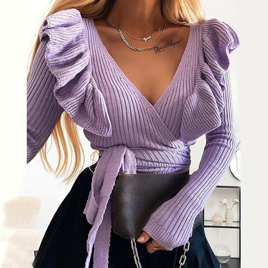 European And American Straps Slim Solid Color Knitwear Long Sleeves