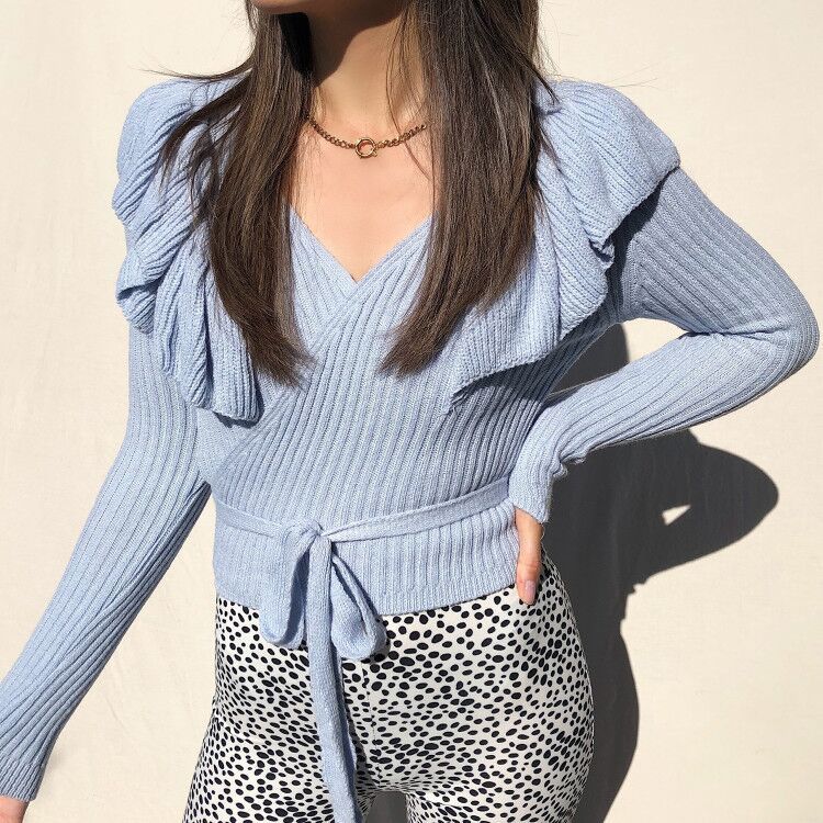 European And American Straps Slim Solid Color Knitwear Long Sleeves