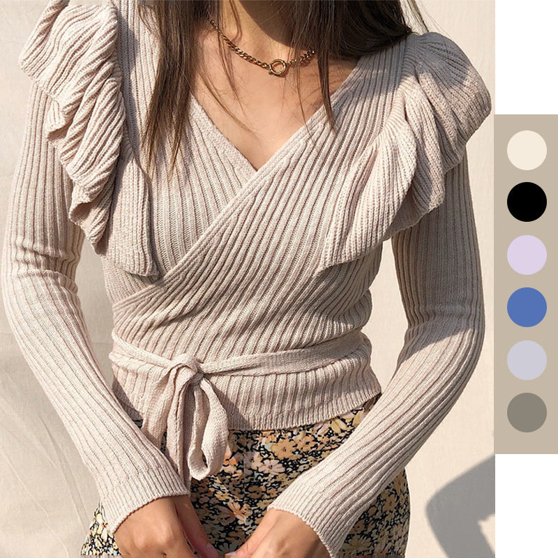 European And American Straps Slim Solid Color Knitwear Long Sleeves