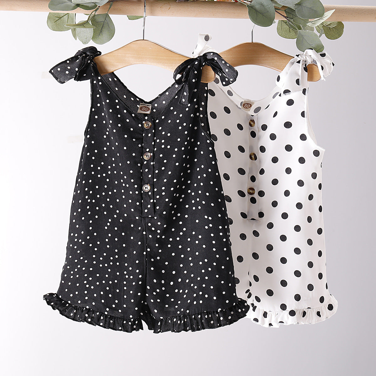 Girls' Solid Color Sleeveless Sling Polka Dot Jumpsuit