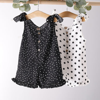 Girls' Solid Color Sleeveless Sling Polka Dot Jumpsuit