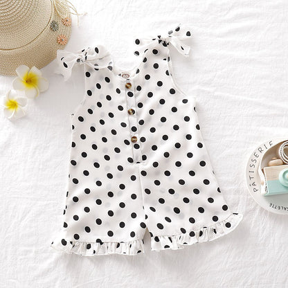 Girls' Solid Color Sleeveless Sling Polka Dot Jumpsuit