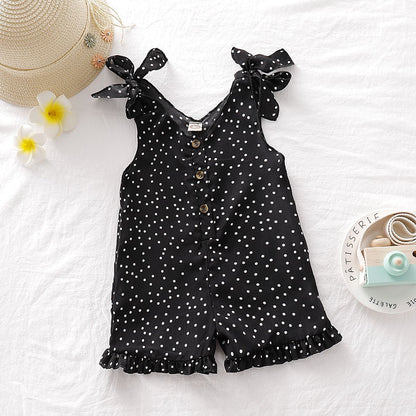 Girls' Solid Color Sleeveless Sling Polka Dot Jumpsuit