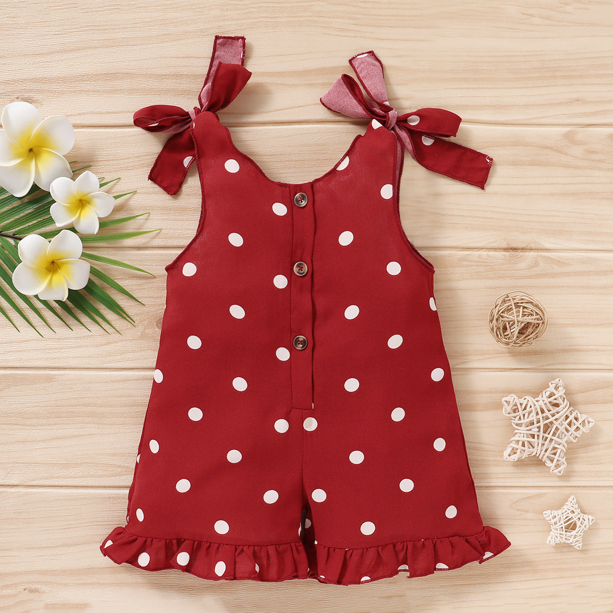 Girls' Solid Color Sleeveless Sling Polka Dot Jumpsuit