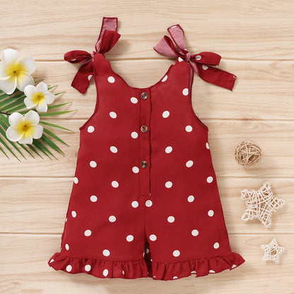 Girls' Solid Color Sleeveless Sling Polka Dot Jumpsuit