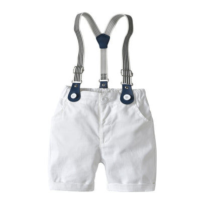 Boy Gentleman Short-Sleeved Plaid Shirt Overalls