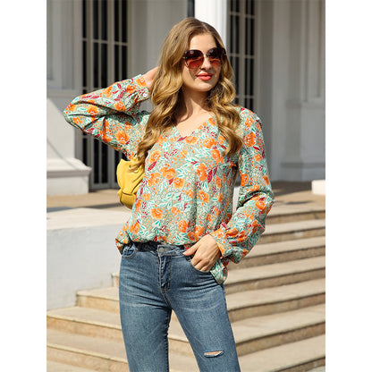 Long Sleeve Pullover V-Neck Printed Loose Shirt