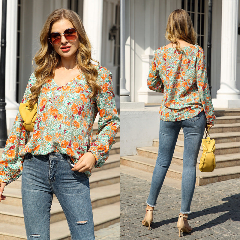 Long Sleeve Pullover V-Neck Printed Loose Shirt