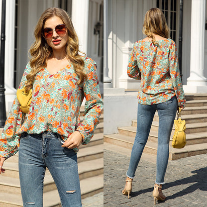 Long Sleeve Pullover V-Neck Printed Loose Shirt